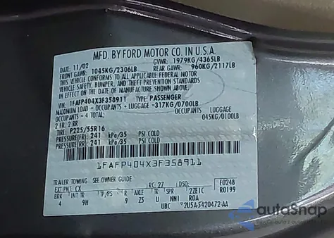 2003 Ford Mustang z USA, uszkodzony, nr VIN 1FAFP404X3F358911